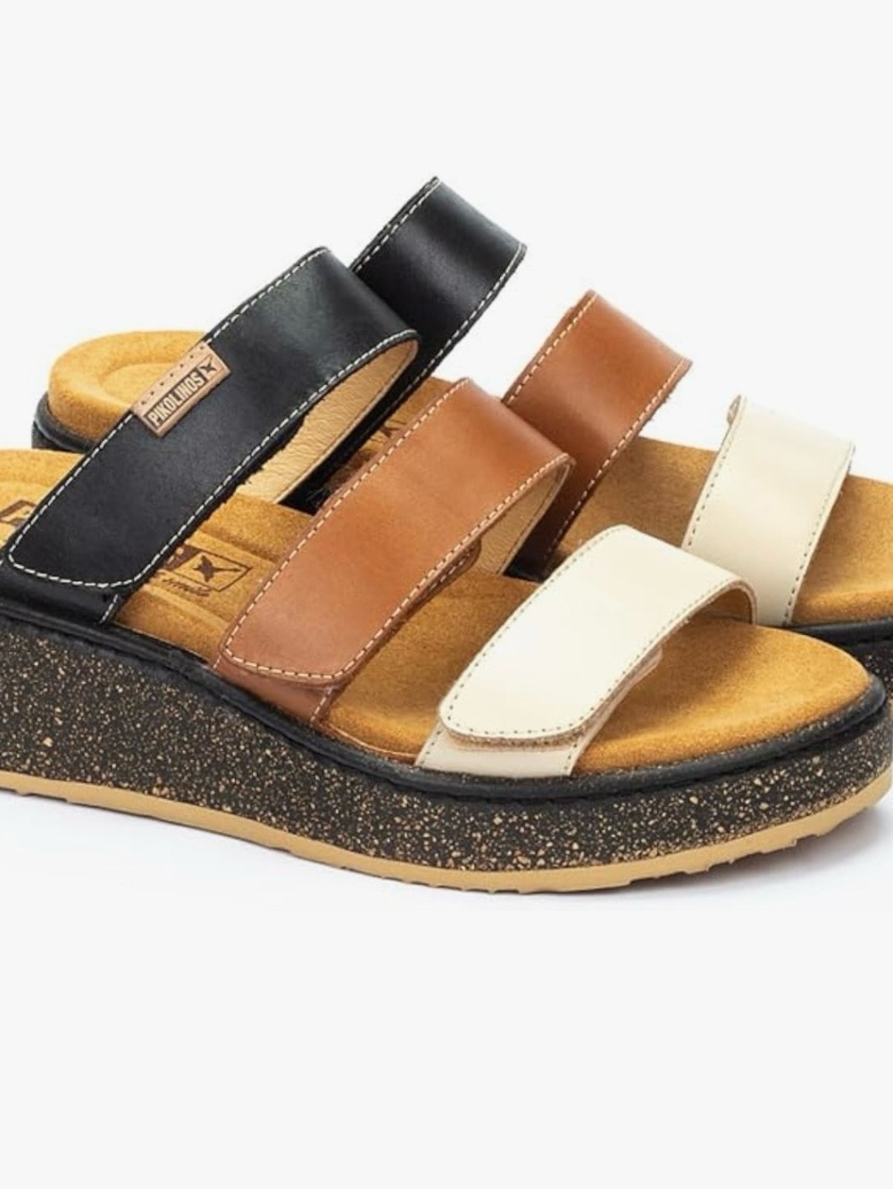 PIKOLINOS Black, Brown & Cream Triple-Strap Wedge Sandals